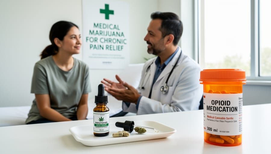 Senior woman holding medical cannabis oil bottle in comfortable home setting