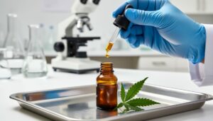 Gloved clinician hand dispensing golden cannabis extract from a dropper into an unlabeled amber bottle on a stainless-steel tray with a cannabis leaf, with a blurred microscope and lab glassware in the background