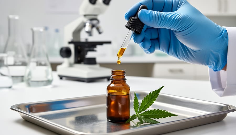 Gloved clinician hand dispensing golden cannabis extract from a dropper into an unlabeled amber bottle on a stainless-steel tray with a cannabis leaf, with a blurred microscope and lab glassware in the background
