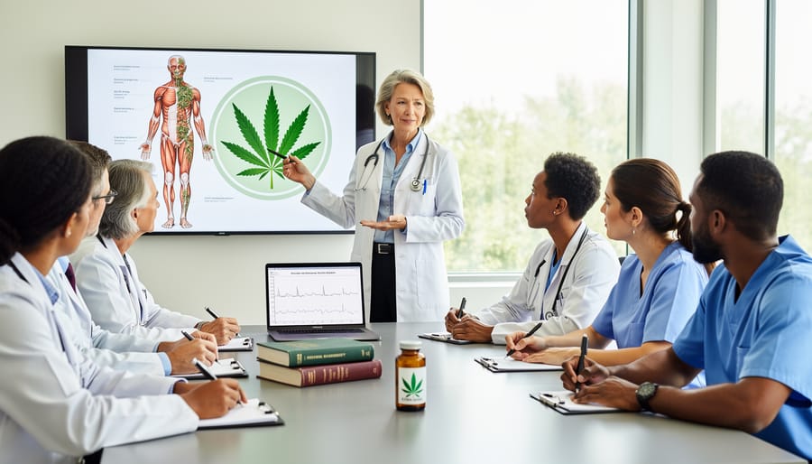 Medical professionals examining cannabis during healthcare education seminar
