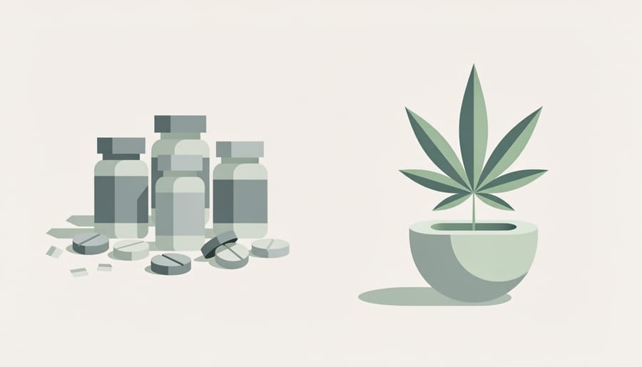 Prescription medications and cannabis leaves arranged for safety comparison