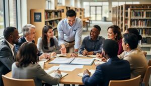 Diverse parents and educators collaborating around a table in a school library with open education planning materials, symbolizing education advocacy.
