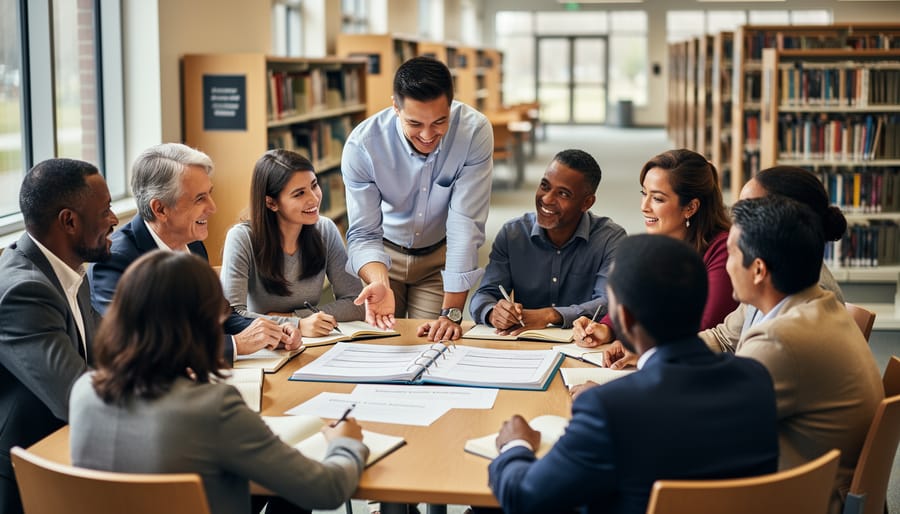 Diverse parents and educators collaborating around a table in a school library with open education planning materials, symbolizing education advocacy.