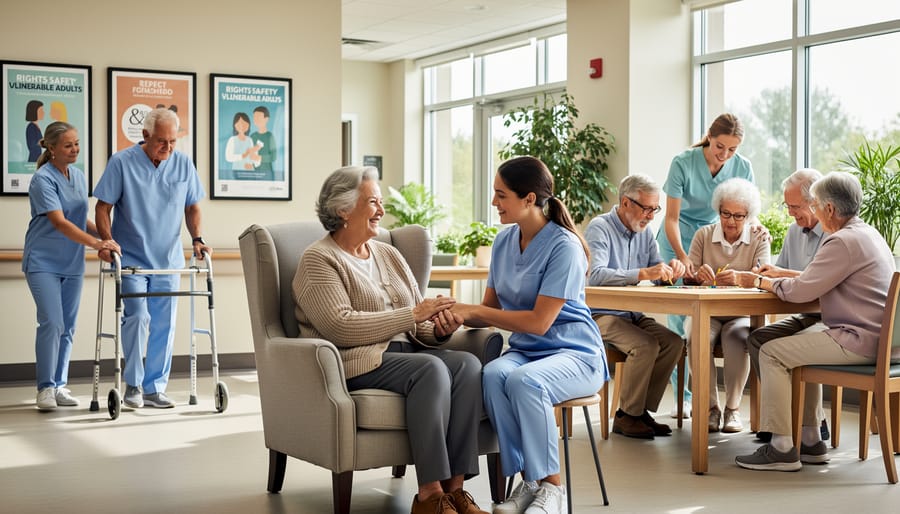 An elderly adult seated in a senior center lounge with a supportive healthcare worker nearby