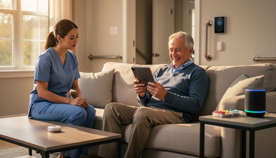 Caregiver supporting an older adult at home while offering a phone and gentle assistance