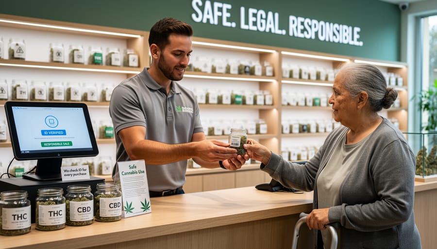 Close-up of hands exchanging a discreet purchase bag and verifying documents at a retail counter