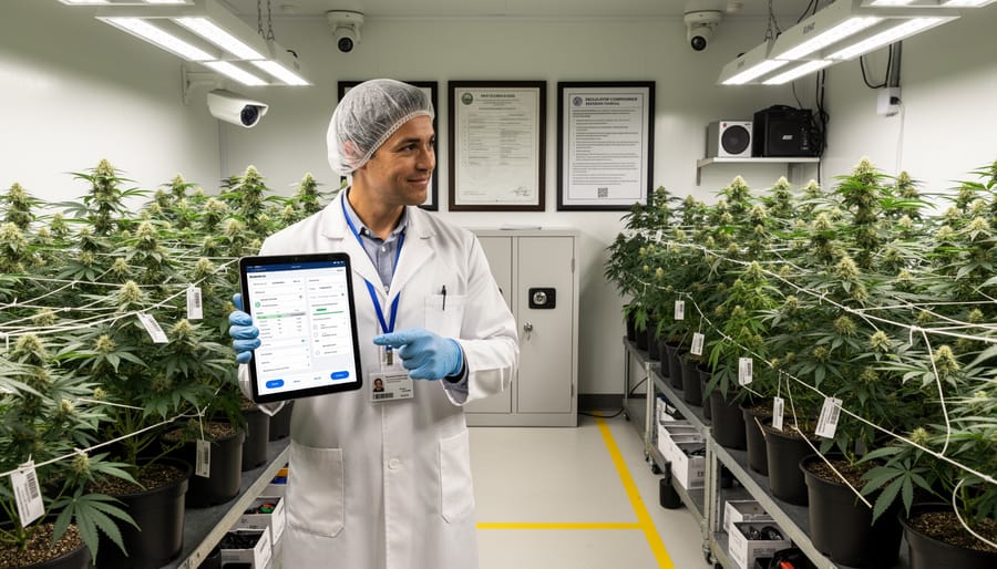 Indoor cannabis cultivation room showing rows of thriving plants under grow lights.