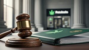 A courtroom gavel next to an open legal folder with subtle cannabis-related branding, photographed in soft daylight to suggest cannabis legal frameworks and adult-use regulation.