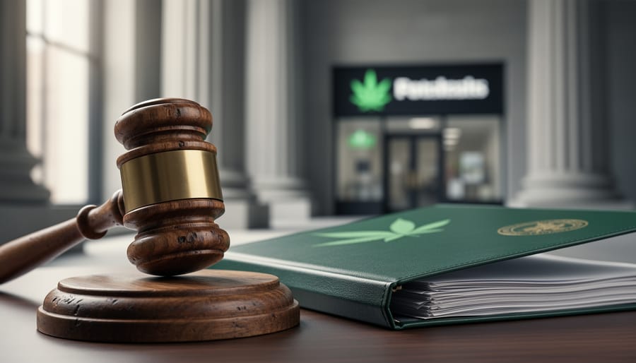 A courtroom gavel next to an open legal folder with subtle cannabis-related branding, photographed in soft daylight to suggest cannabis legal frameworks and adult-use regulation.