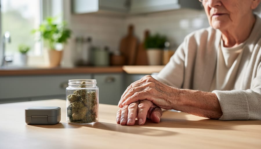 Caregiver’s hand supporting an elderly adult at a kitchen table with cannabis products kept in a closed, secure container to suggest vulnerable adult protections.