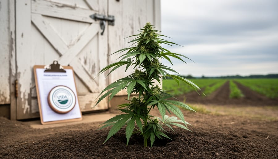 Green hemp or cannabis plant growing in soil next to a rural barn door with blurred agricultural documents and stamps in the background.