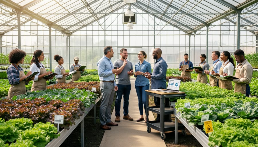 Farmers and advocates conversing in a greenhouse beside rows of seedlings