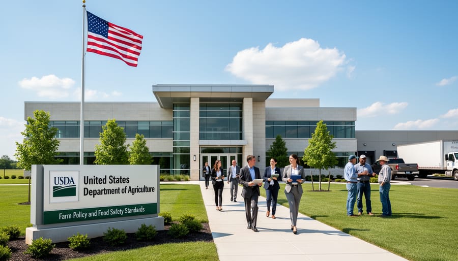 USDA building facade with an American flag in front
